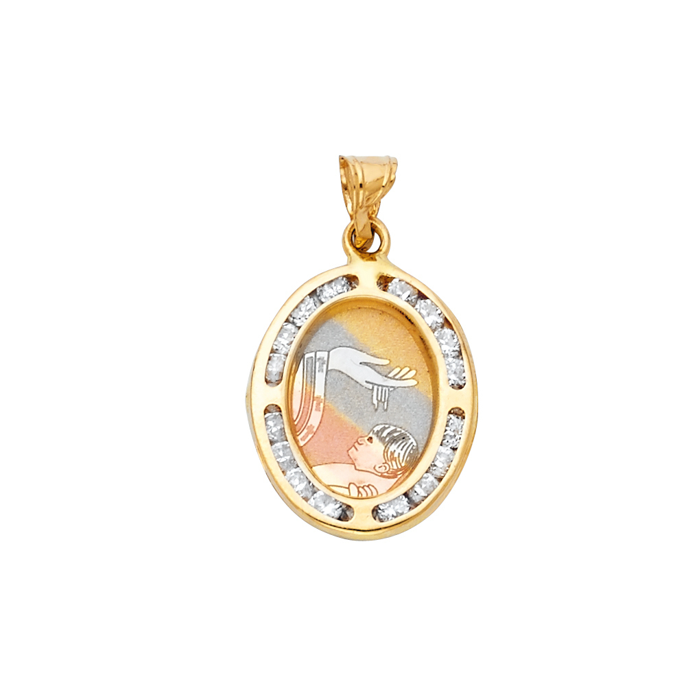 14K Tri-Color Gold Small Religious Cz Oval Baptism Charm Pendant
